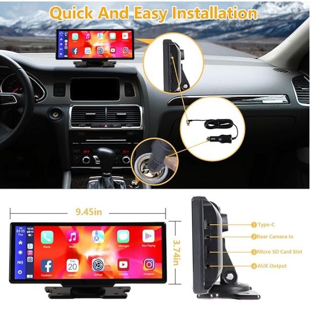 Bilmekaniken Trådlös CarPlay-skärm 9,3 tum – 2,5K dashcam, Android Auto & GPS - Svart