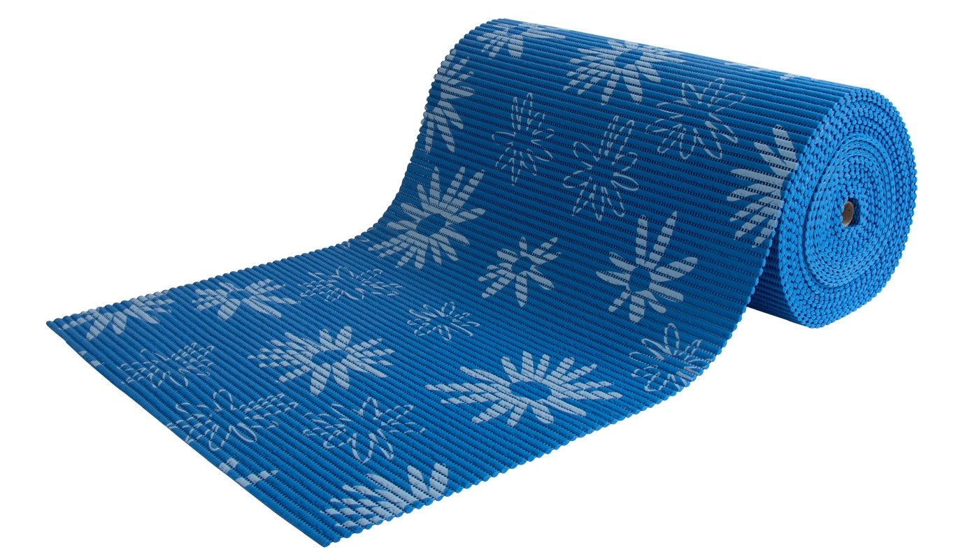 Halkfri badmatta - På metermål - Blå med blommor - 65 cm bred - Multifunktionell matta för våtrum