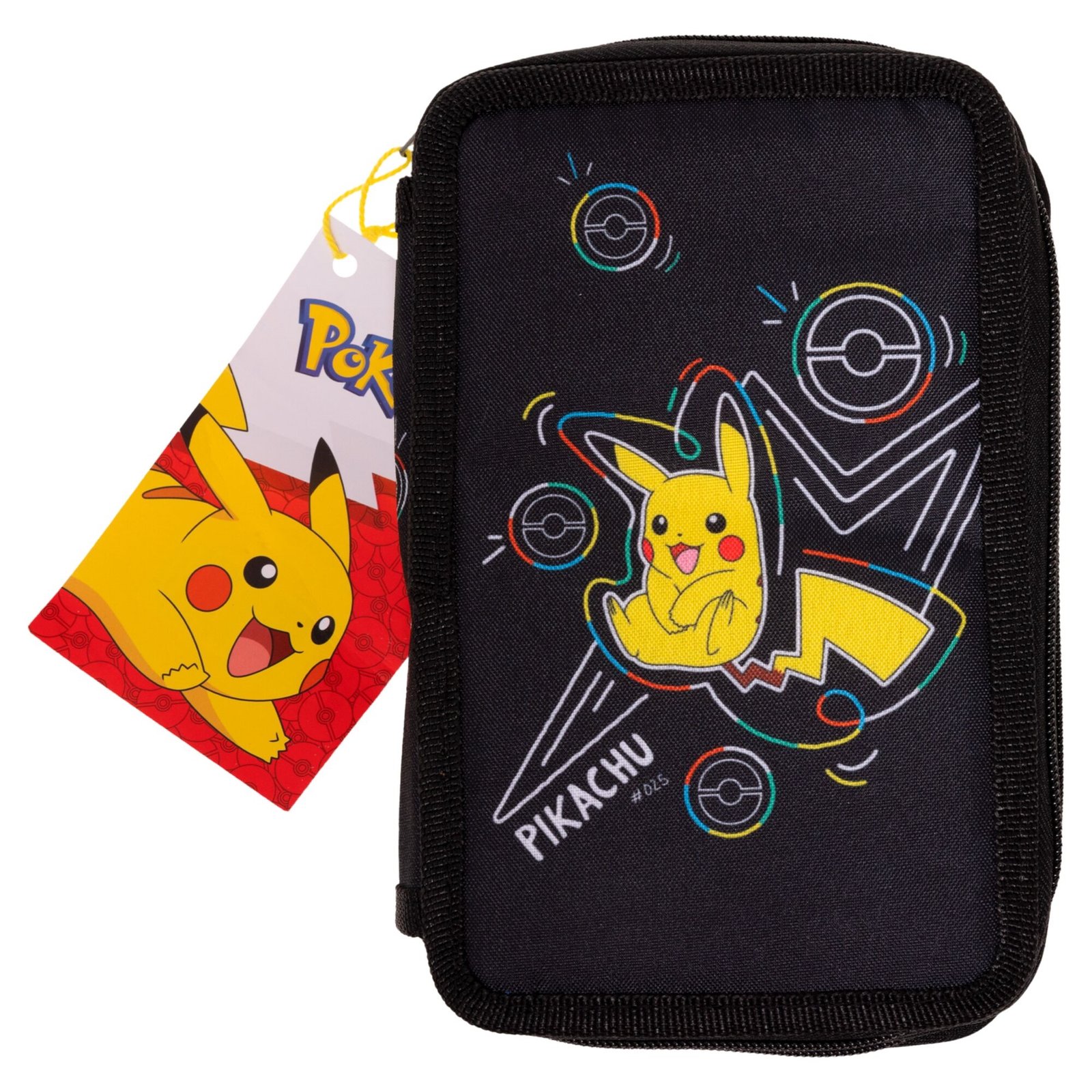 Pokémon Pikachu och Pokéball pennfodral - 2 fack med innehåll - 19,5x12,5 cm