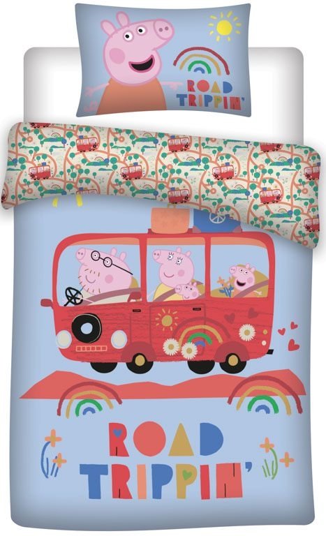 Greta Gris sängset - 100% bomull - Junior 100x140 cm - Familjen Gris på roadtrip