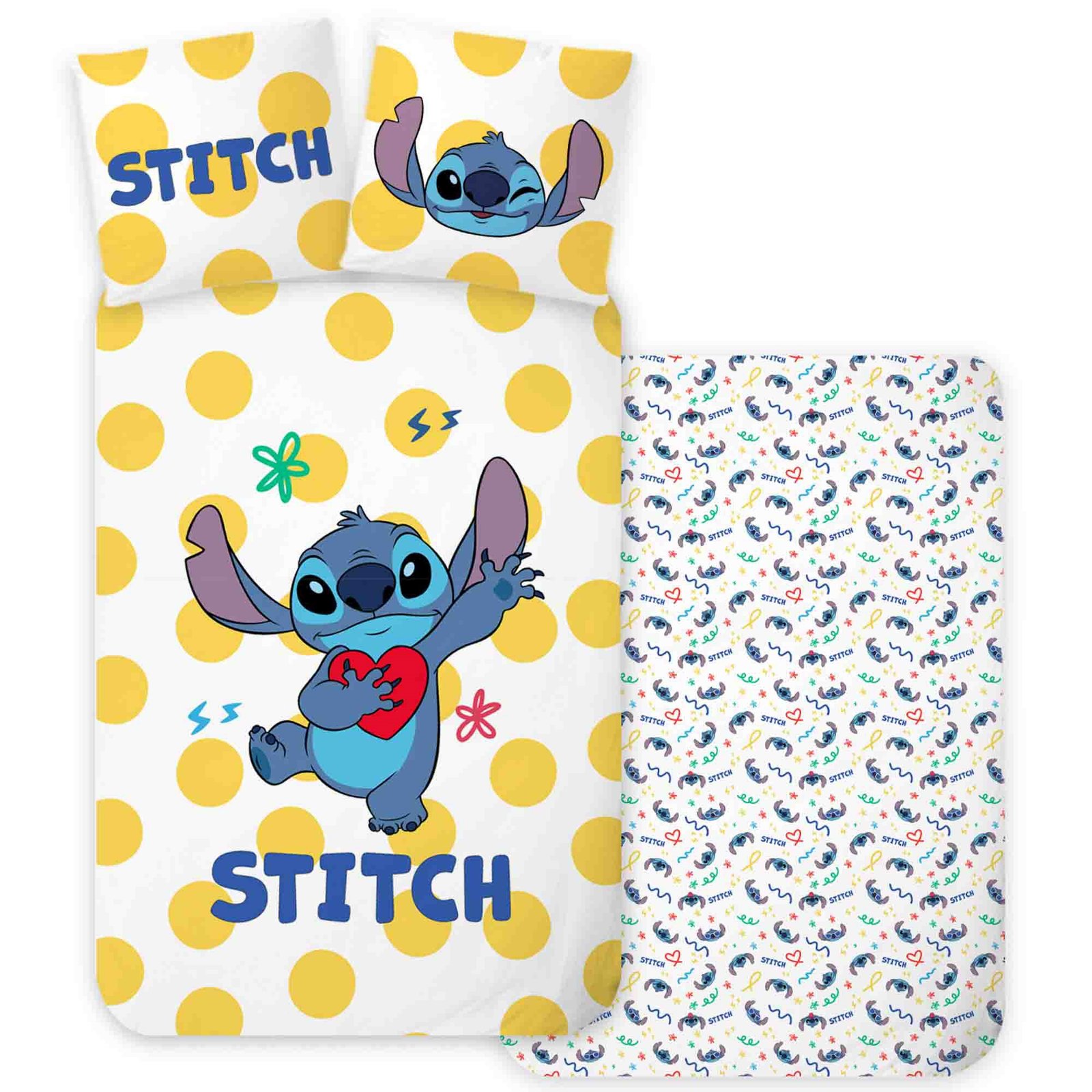 Stitch sängkläder - 100% bomull - Barnsängkläder 140x200 cm - Gula prickar