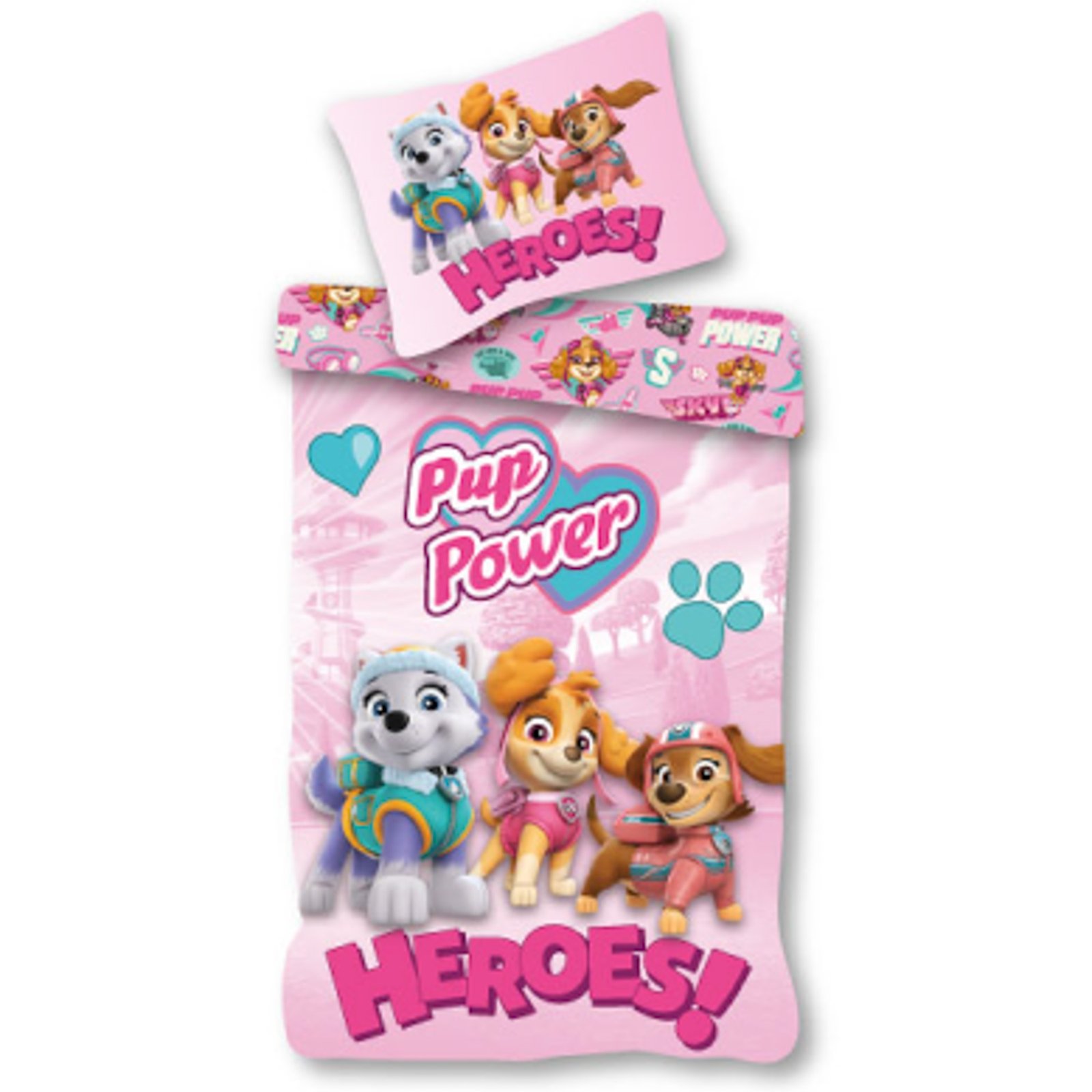Paw Patrol sängkläder - 100% bomull - Barnsängkläder 140x200 cm - Ljusrosa - Pup Power Heroes