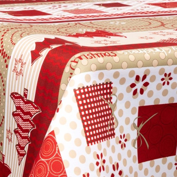 Textil vaxduk med akrylbeläggning - 30 meter på rulle - Med julmotiv - Julgranar och presenter - 140 cm bred textilduk