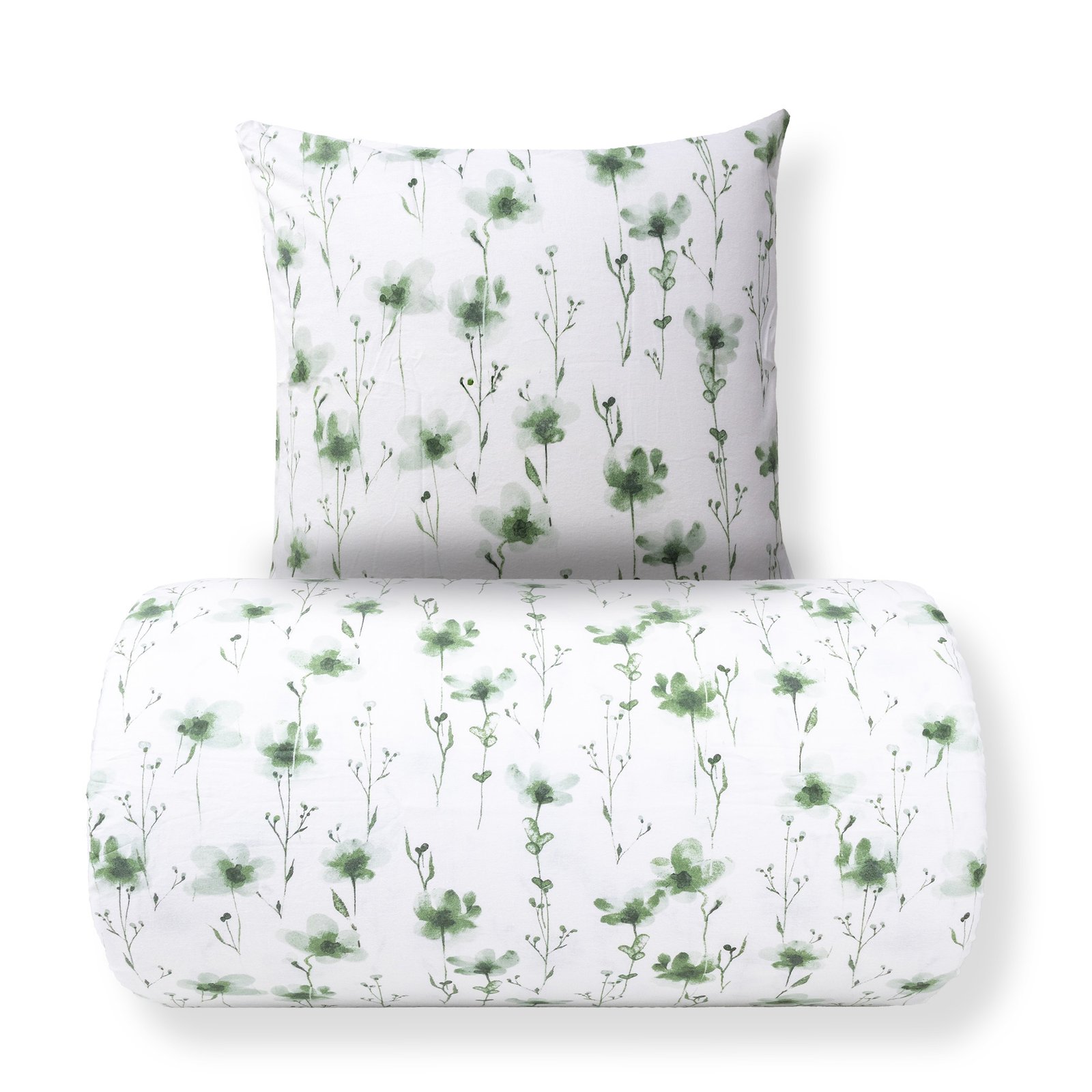 Sängkläder 150x210 cm - Bomull Sängkläder i flanell - Vit med gröna blommor