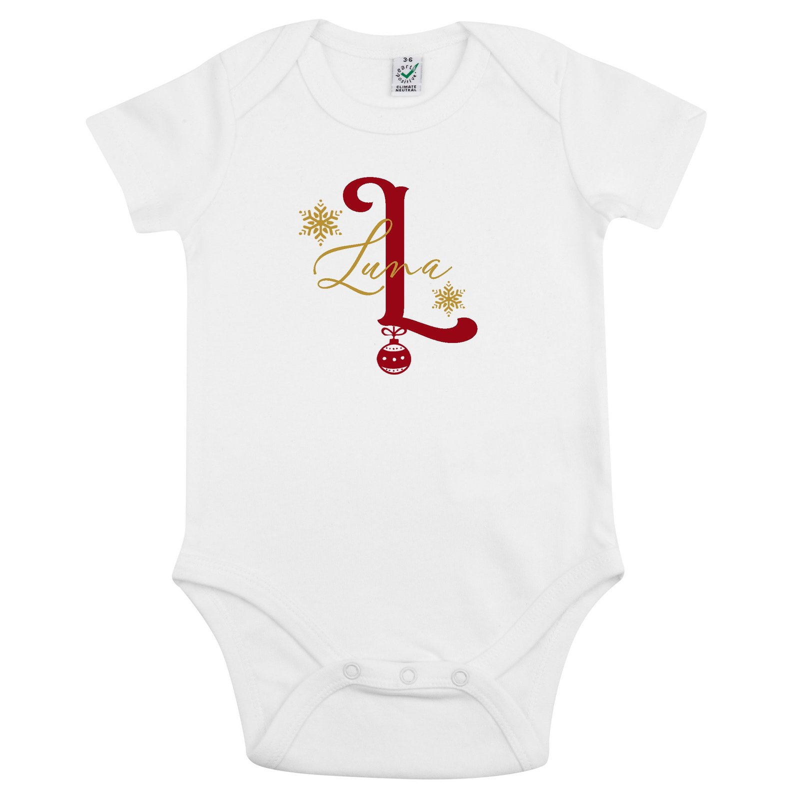 Julig Babybody med Bokstav & Namn – Personlig Julpresent - Vit / O - 3 månader