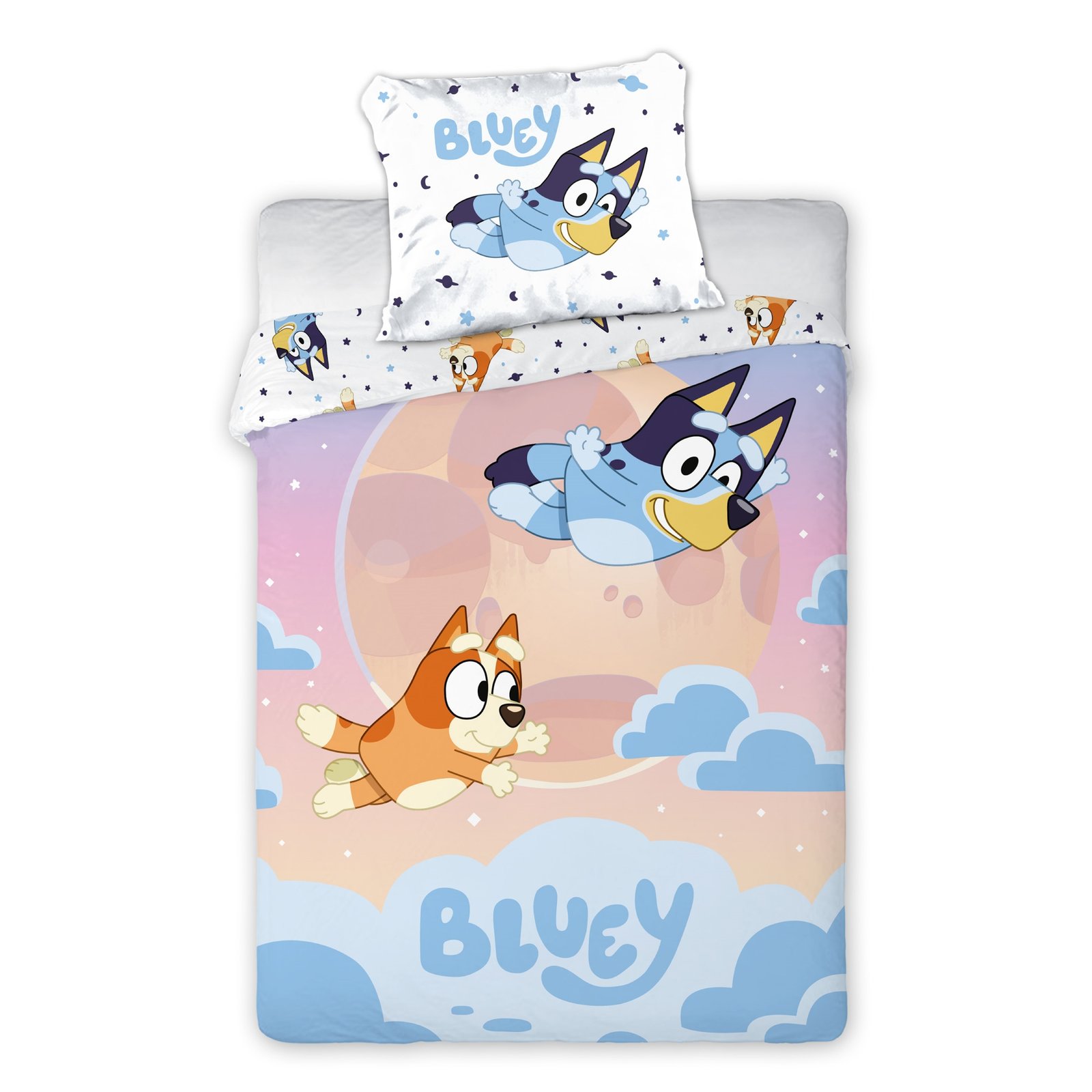 Bluey sängkläder - 100% bomull - Barnsängkläder 140x200 cm - Bluey och Bingo i molnen