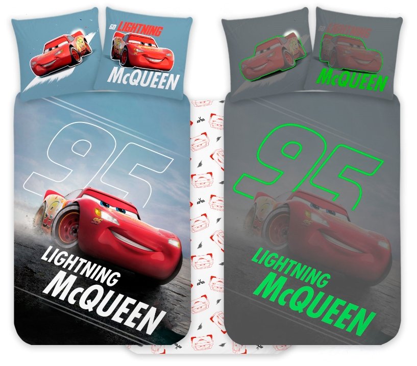 Blixten McQueen sängkläder - 100% bomull - Juniorpåslakanset 100x140 cm - Självlysande