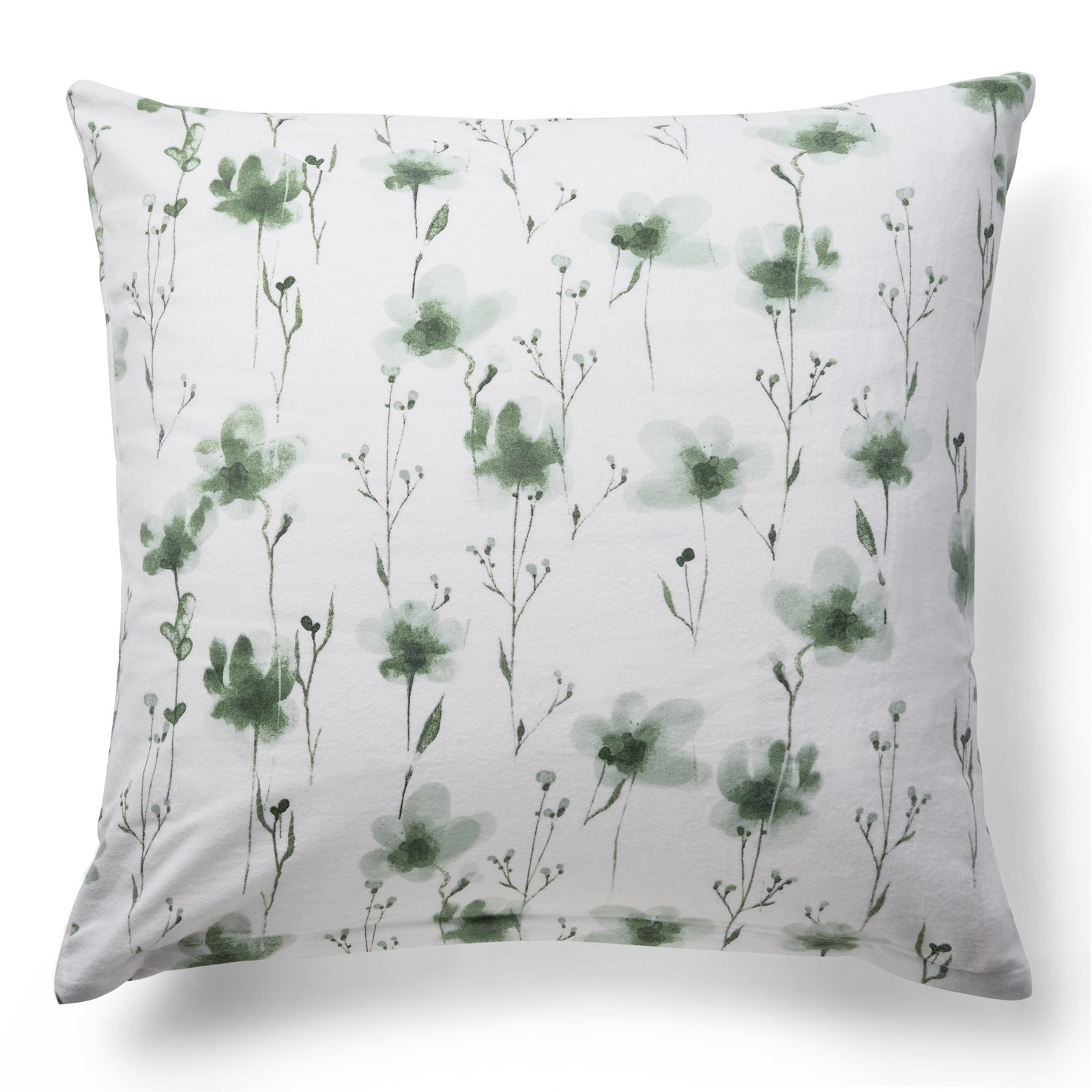 Örngott 60x63 cm - Bomullssängkläder i flanell - Vitt med gröna blommor