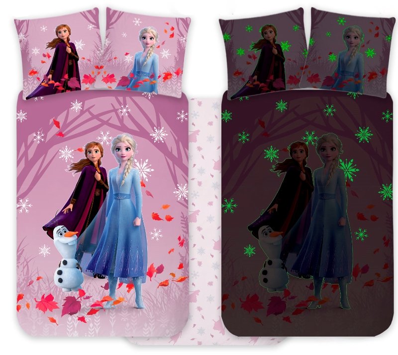 Frost sängkläder - 100% mjuk bomull - Vändbart självlysande juniorsängset - 100x140 cm - Anna och Elsa sängkläder