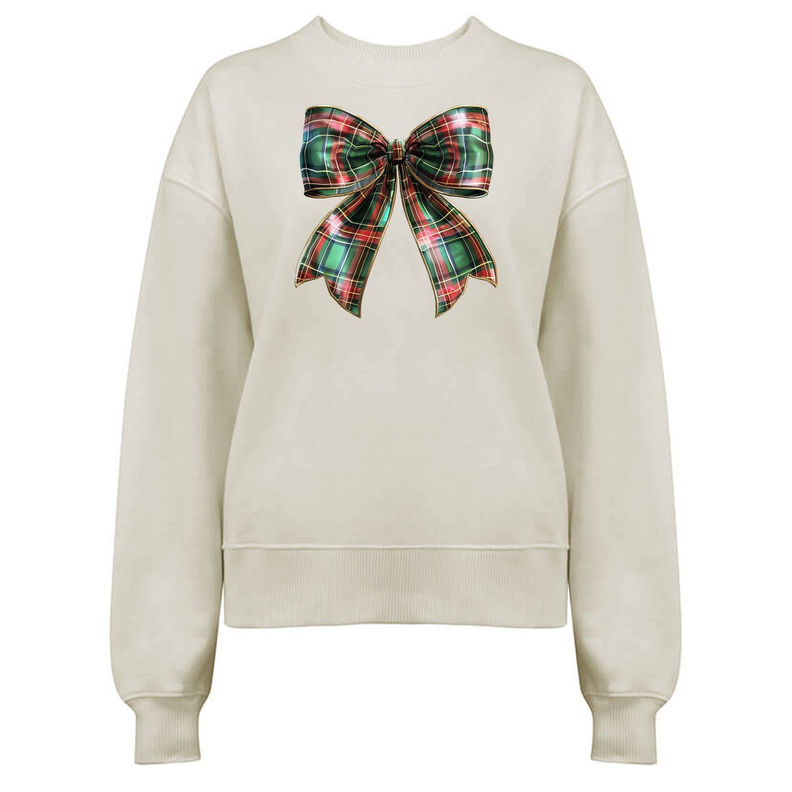 Jultröja med Grön/Röd Rutig Rosett – Klassisk Julstil - Beige
