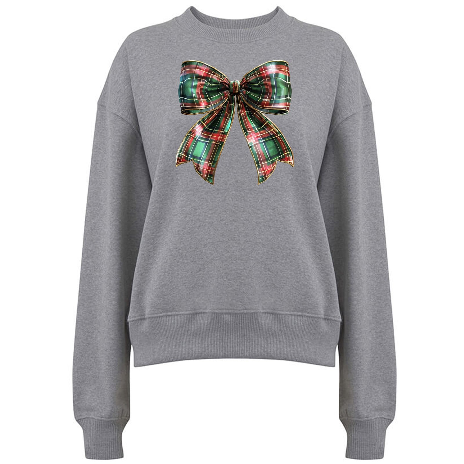Jultröja med Grön/Röd Rutig Rosett – Klassisk Julstil - Grå
