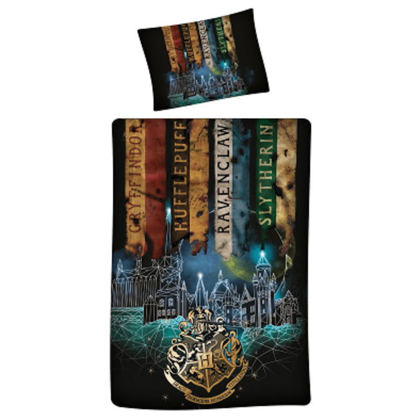 Harry Potter sängkläder - 100% bomull - Barnsängkläder 140x200 cm - Hogwarts fyra kollegier