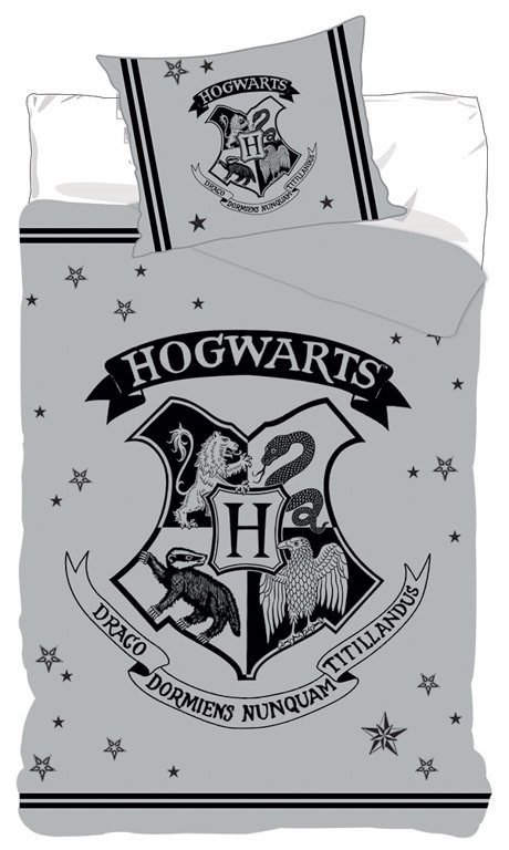 Harry Potter sängkläder - 100% bomull - Barnsängset 140x200 cm - Hogwarts vapensköld - Grå