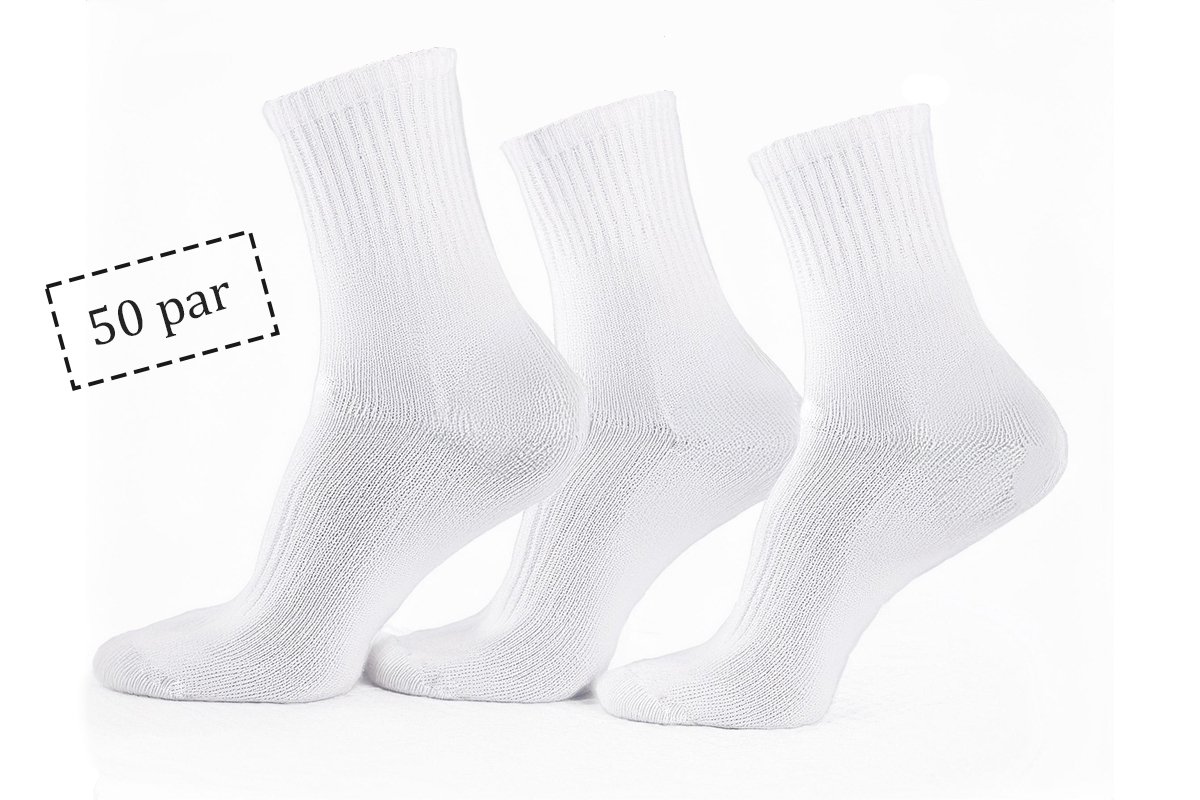 Tennisstrumpor - 50 par vita tennisstrumpor med ribbad kant - Str. 43-47 - Unisex