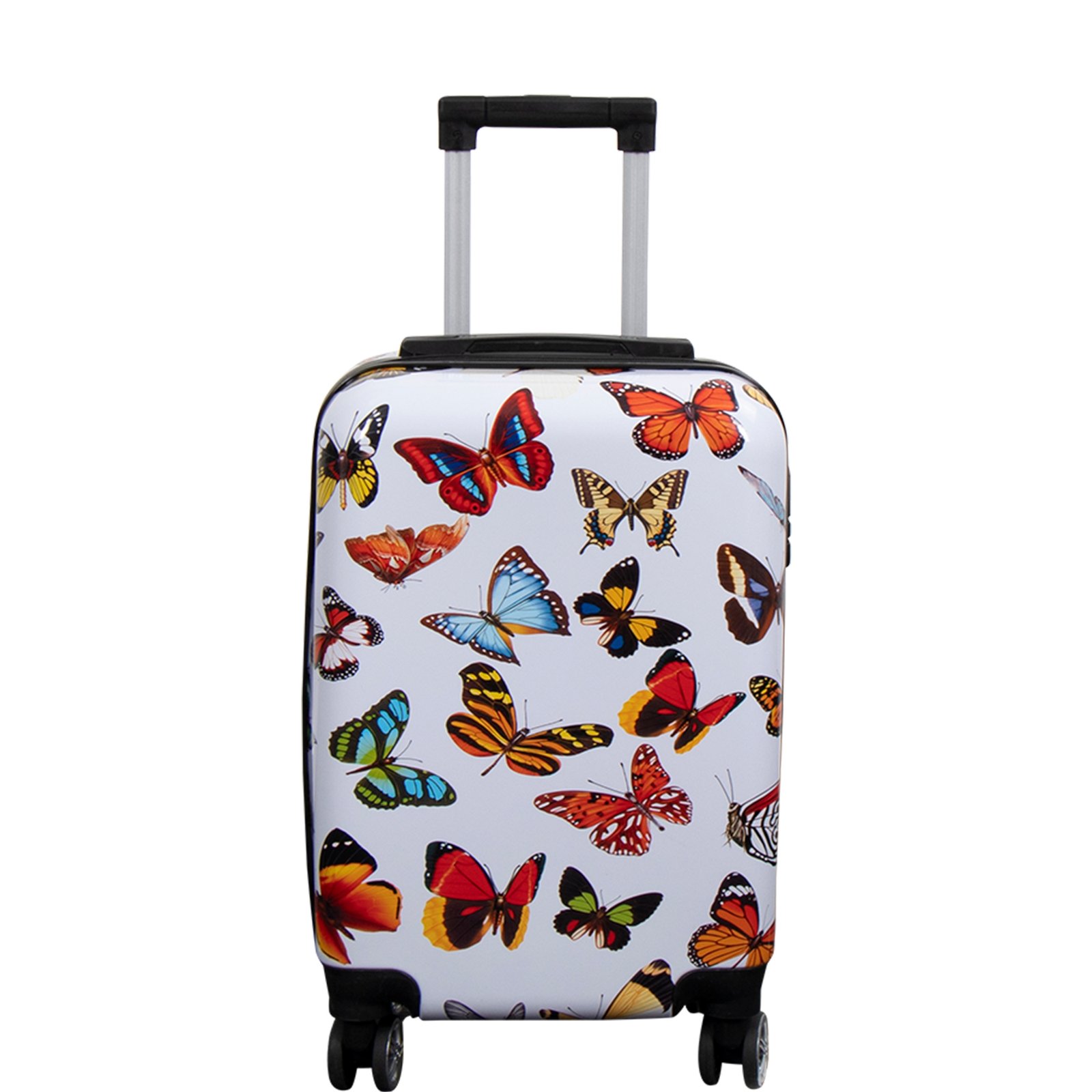 Kabinväska - Hardcase lättvikt resväska - Trolley med motiv - Vit med fjärilstryck