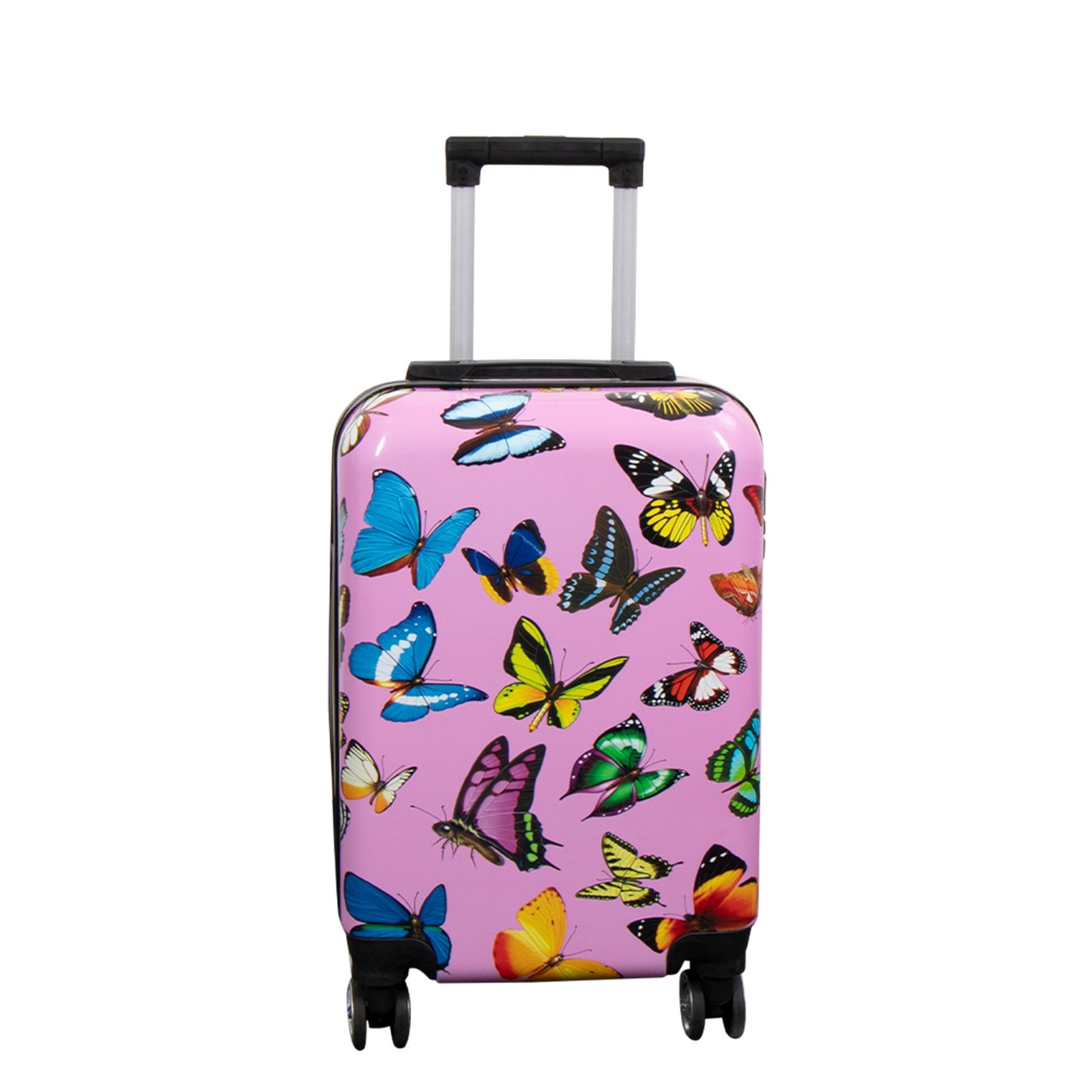 Kabinväska - Hardcase lättvikt resväska - Trolley med motiv - Rosa med fjärilstryck