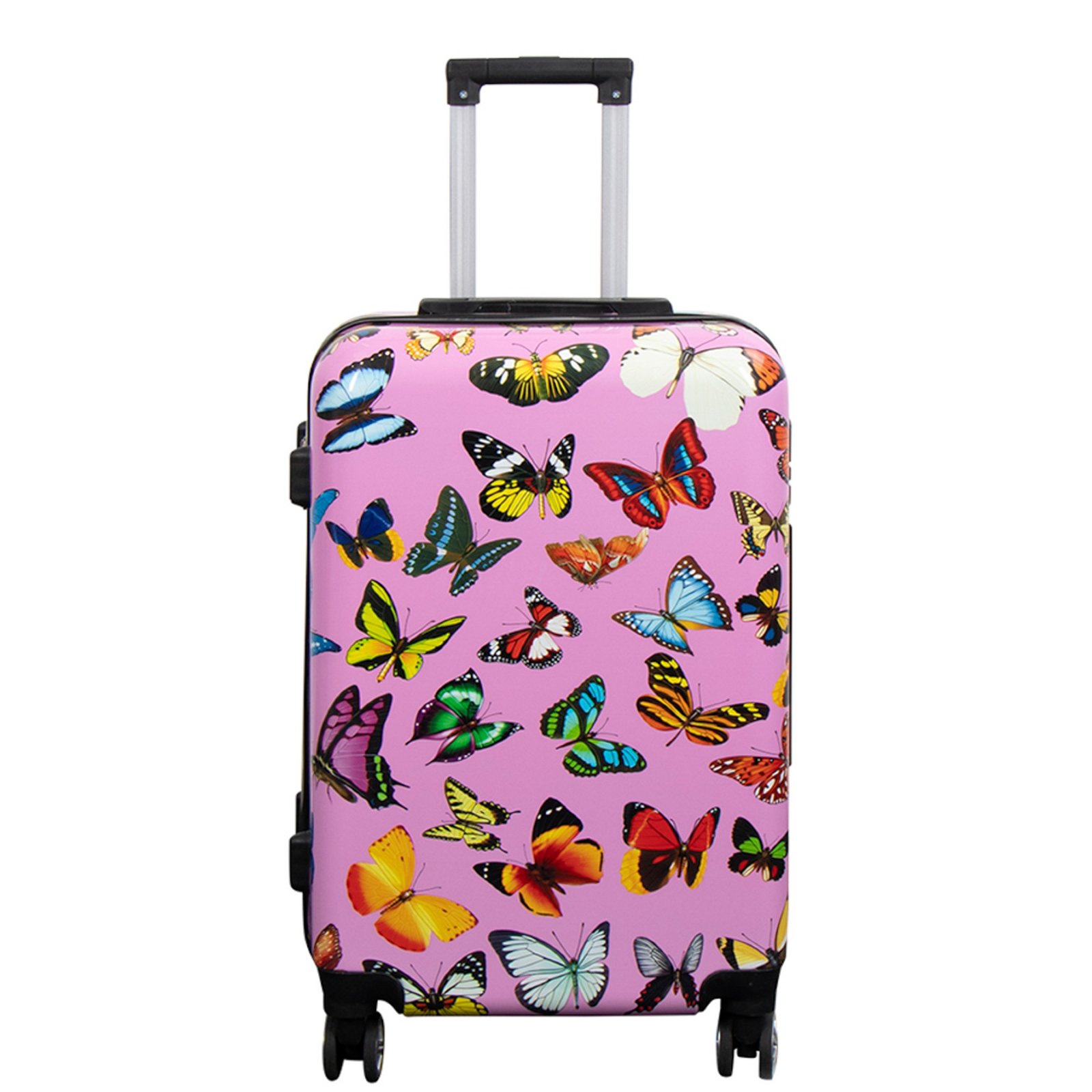 Resväska - Hardcase resväska - Str. Medium - Resväska med motiv - Rosa med fjärilstryck - Exklusiv lättviktsresväska