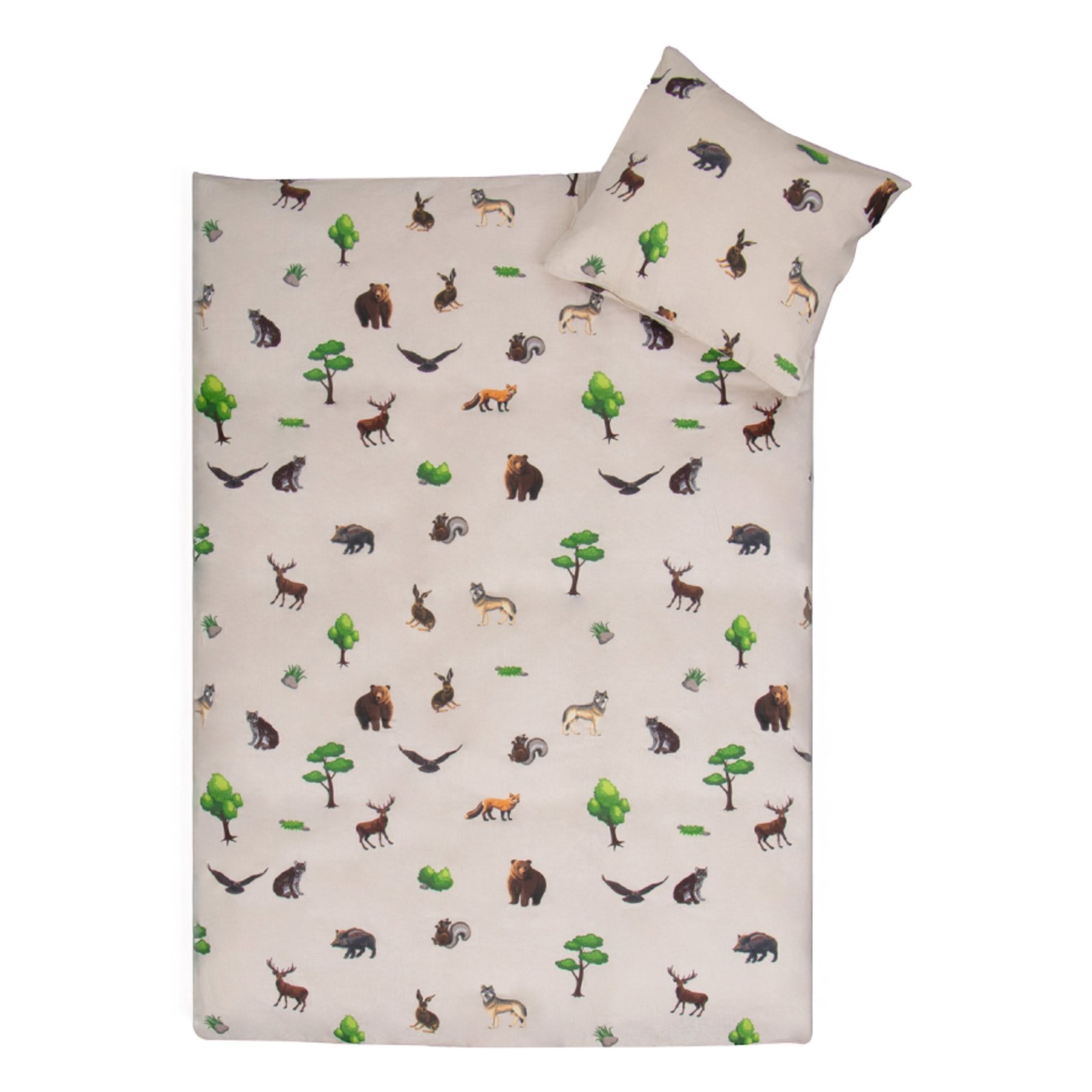 Skogens djur påslakanset - 100% bomull - Junior 115x135 cm - Beige med skogens djur