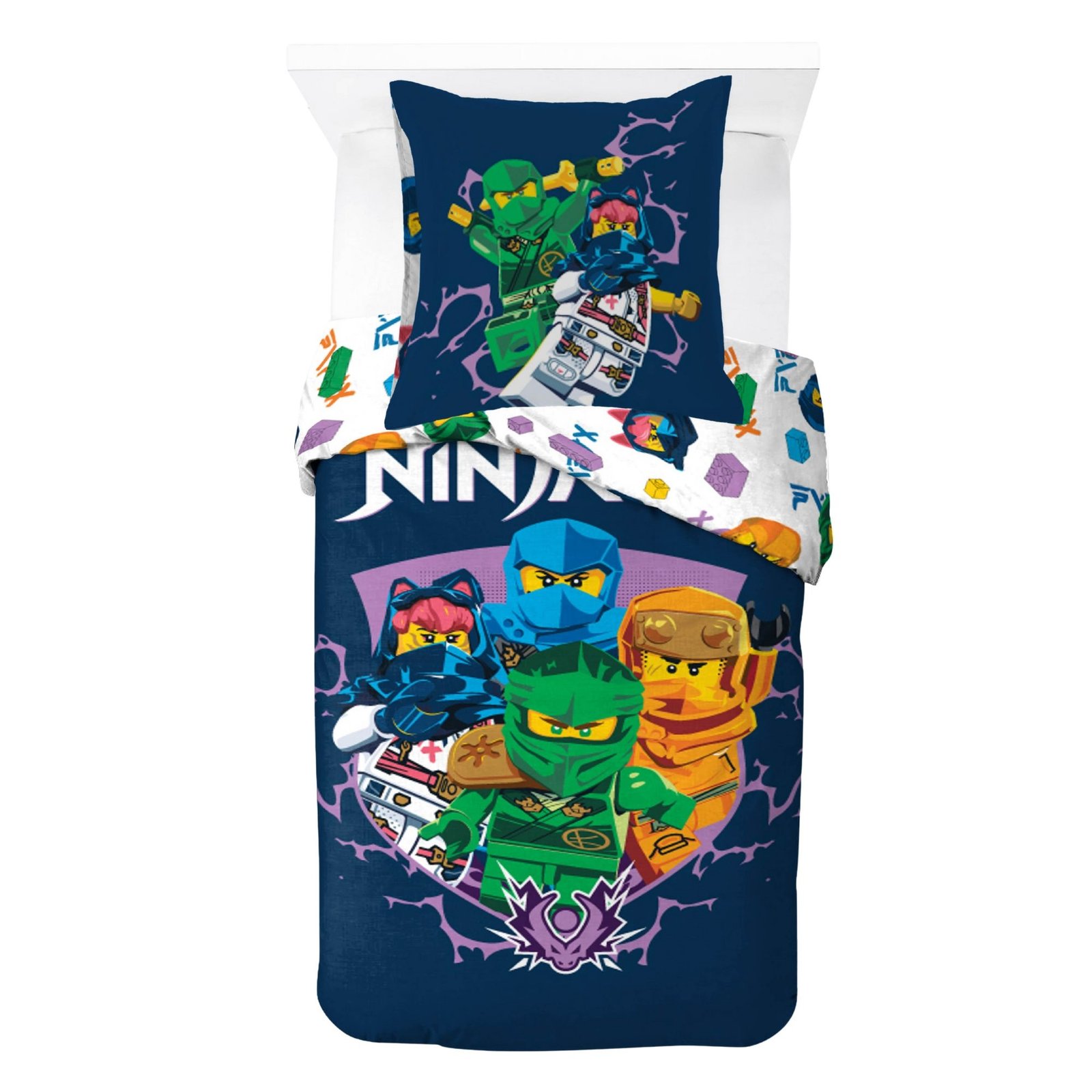 LEGO Ninjago sängkläder - 100% bomull - Juniorbäddset 100x140 cm - LEGO sängkläder - Vit baksida