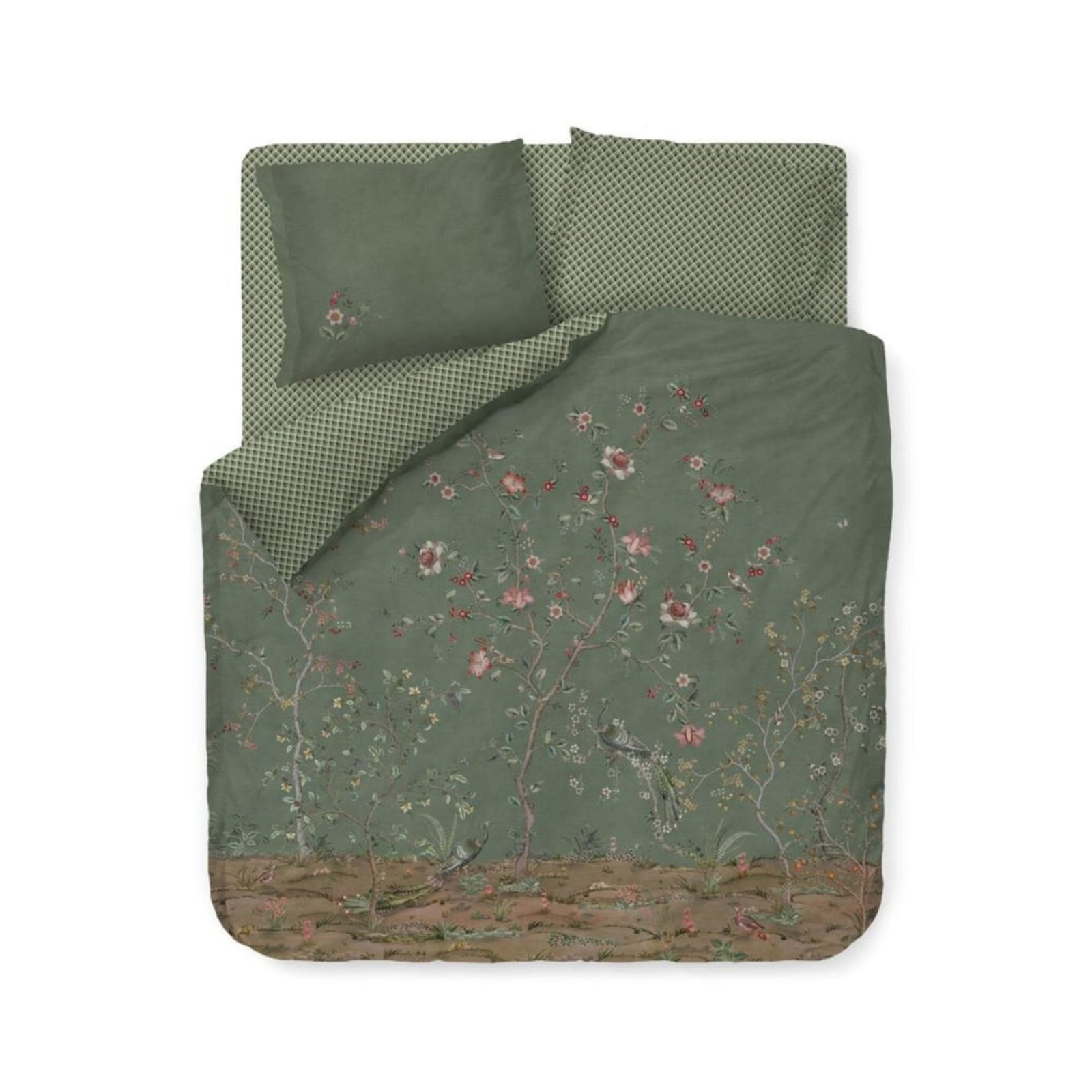 Blommigt dubbelt påslakan 200x220 cm - Grönt vändbart påslakan i 100% mjuk bomull - Okinawa green - Pip Studio sängkläder