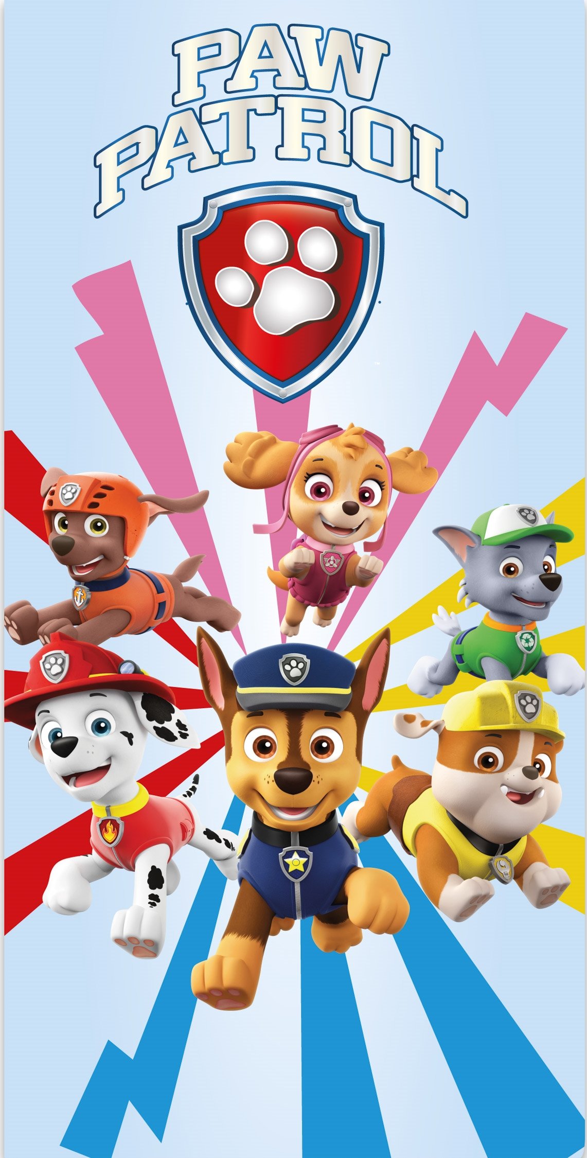 Paw Patrol handduk - 70x140 cm - 100% bomull - Super Team - Mjuk badhandduk med Chase, Marshall, Zuma, Rubble, Skye och Rocky