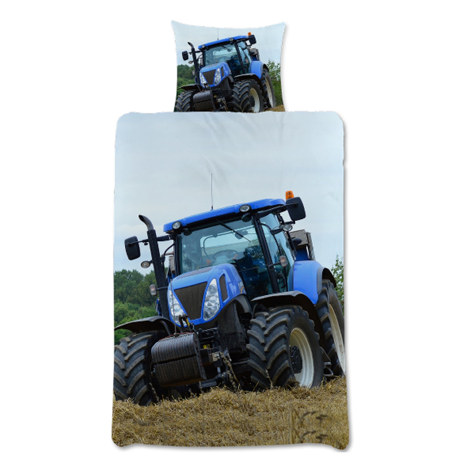 Traktor sängkläder - 100% bomull - Barnsängkläder 140x200 cm - Blå traktor - Traktor med skopa på baksidan