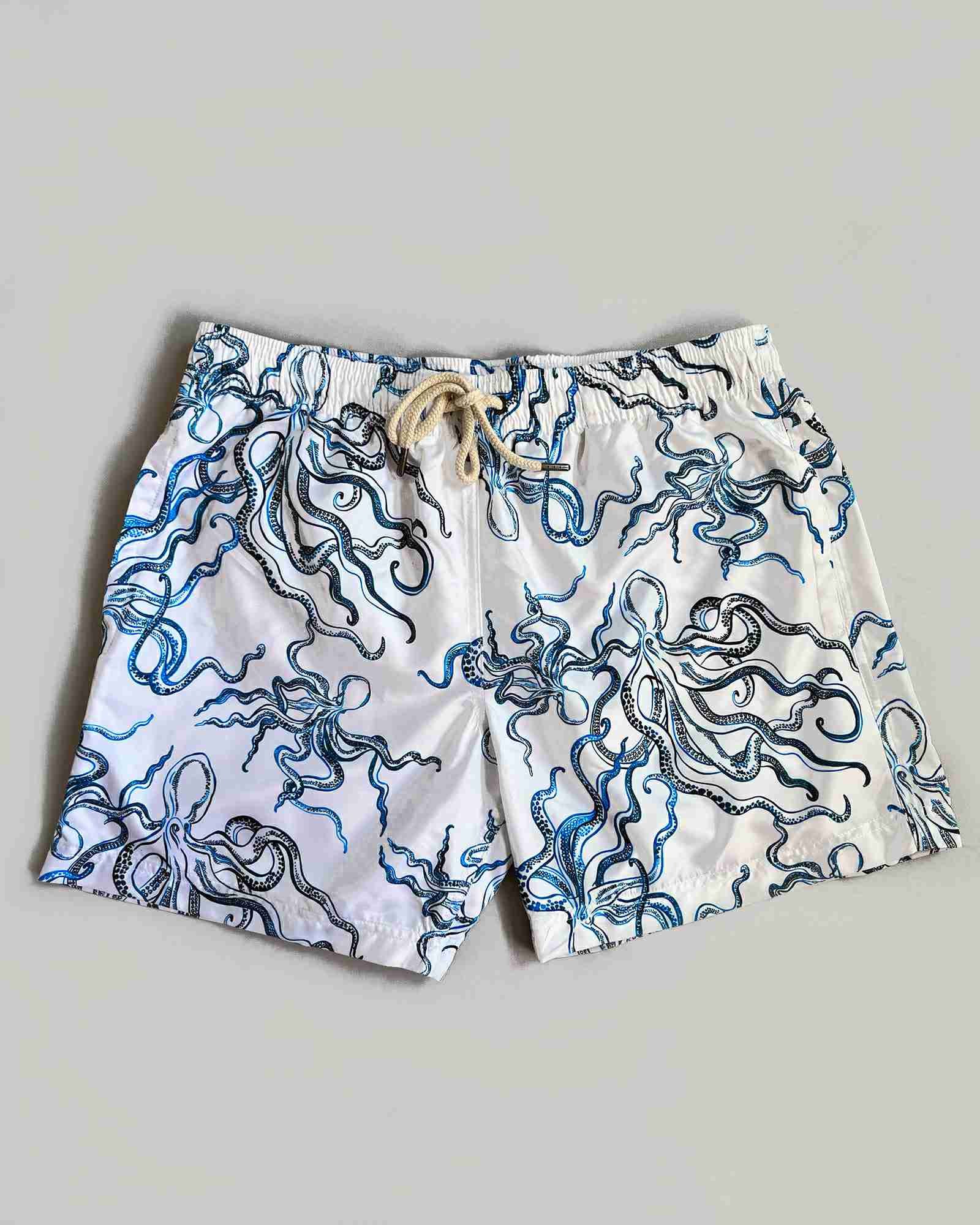 Men's White Swim Shorts - Octopus Indigo