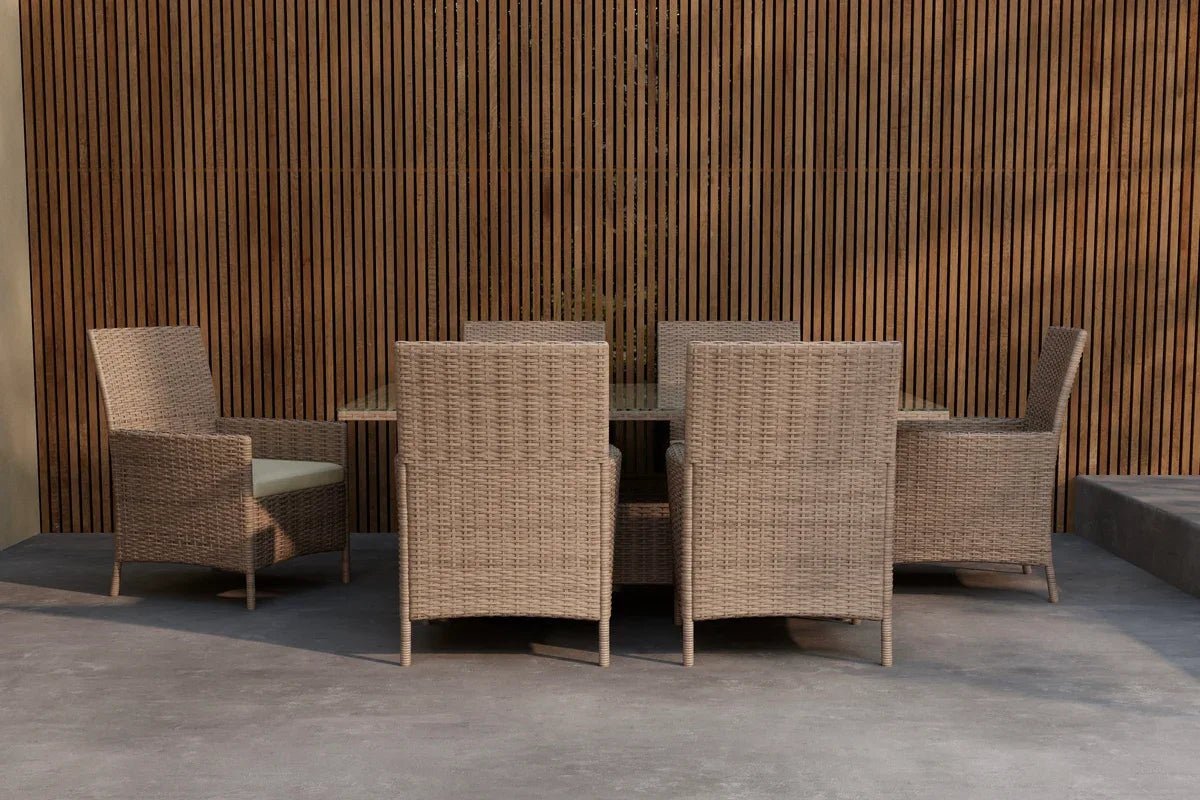 Venture Design Lefkas Utematgrupp – Rektangulärt Bord i Stål & Brun Konstrotting + 4 Stolar