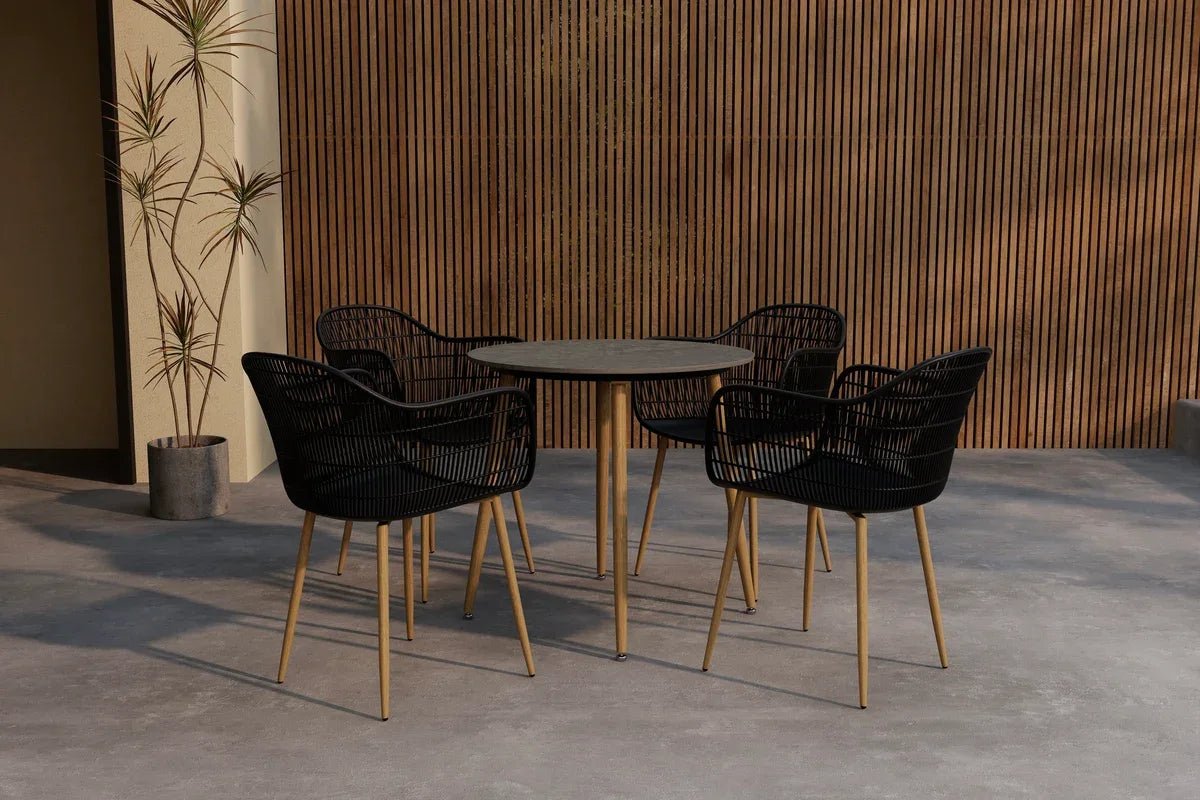 Venture Design Anafi Utematgrupp – Rund Svart Matgrupp med 4 Stolar